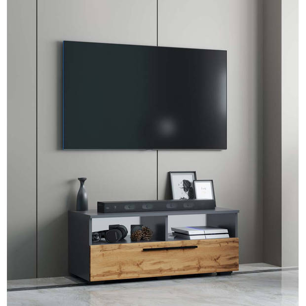 ArilaL TV-meubel 1 kleppe 2 planken antraciet, eik decor.