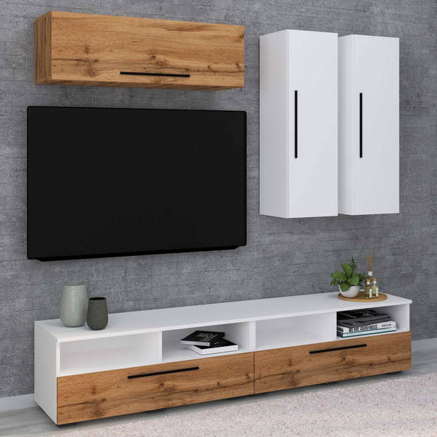 ArilaXL TV-meubel 5 deuren 4 planken wit, eik decor.