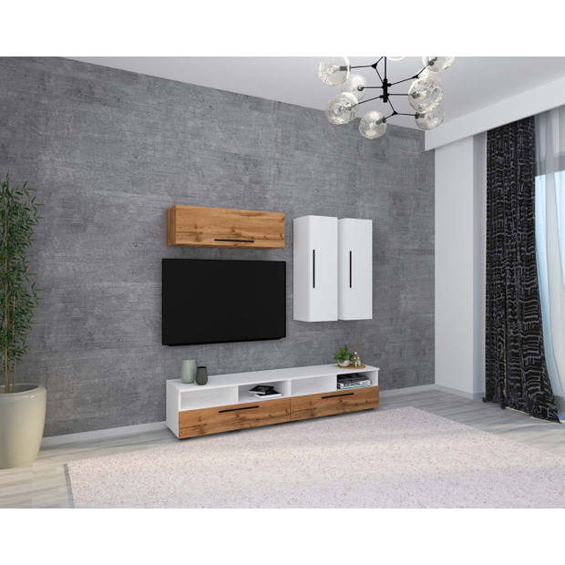 ArilaXL TV-meubel 5 deuren 4 planken wit, eik decor.