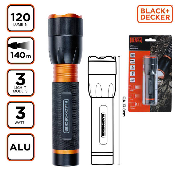 BLACK+DECKER LED Zaklamp 120 Lumen - 3W - 140M Bereik - 3 Lichtstanden: Hoog, Laag, Pulserend - Zwart/Oranje