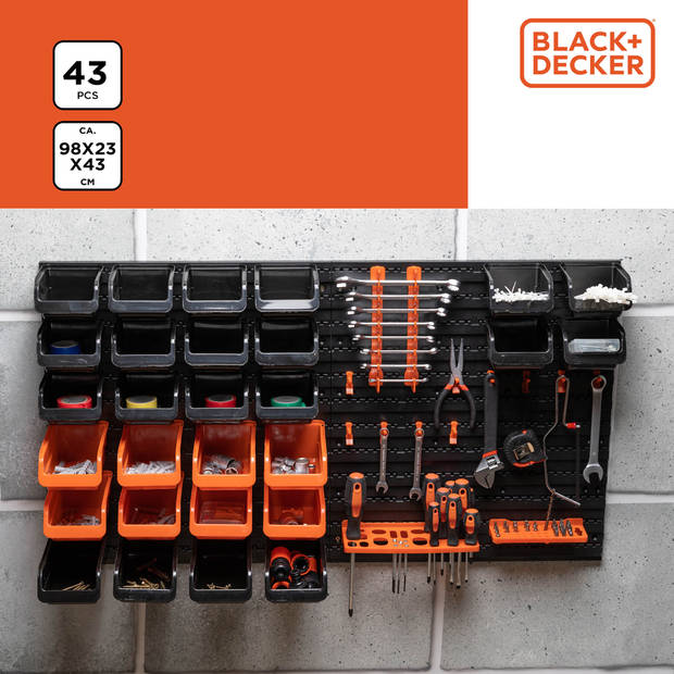 BLACK+DECKER Gereedschapsbord met Opbergbakjes en Hangers - 98 x 23 x 43 CM - 43 Onderdelen - Gereedschapswand