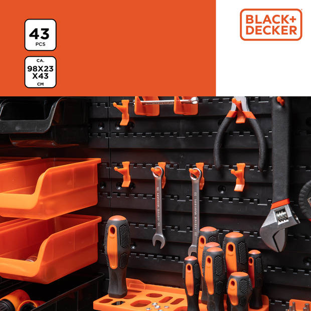 BLACK+DECKER Gereedschapsbord met Opbergbakjes en Hangers - 98 x 23 x 43 CM - 43 Onderdelen - Gereedschapswand