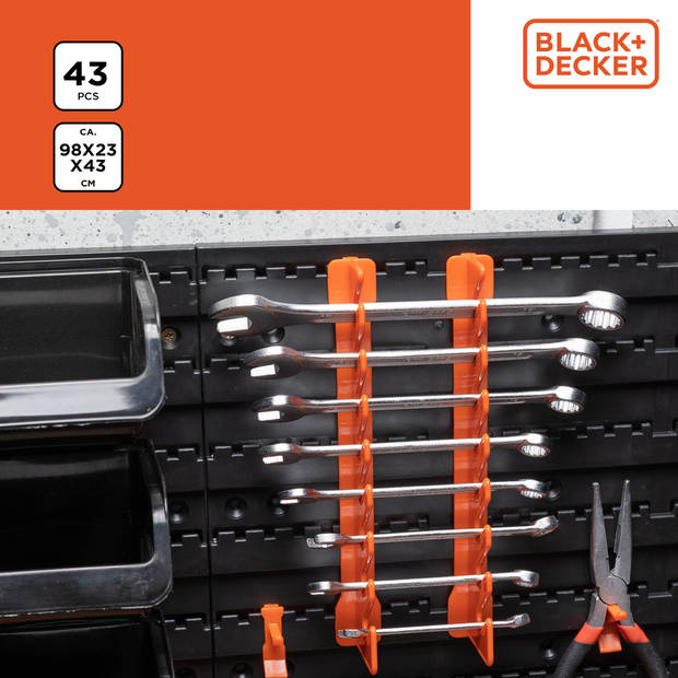 BLACK+DECKER Gereedschapsbord met Opbergbakjes en Hangers - 98 x 23 x 43 CM - 43 Onderdelen - Gereedschapswand