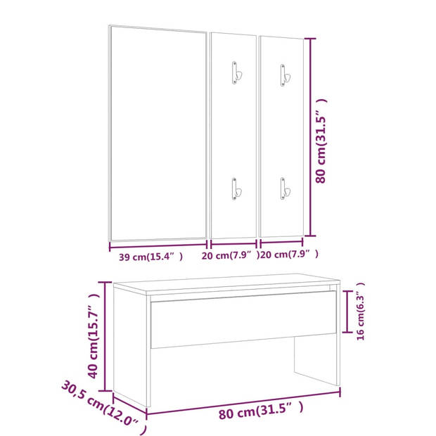 The Living Store Halmeubelset bewerkt hout hoogglans wit - Hocker