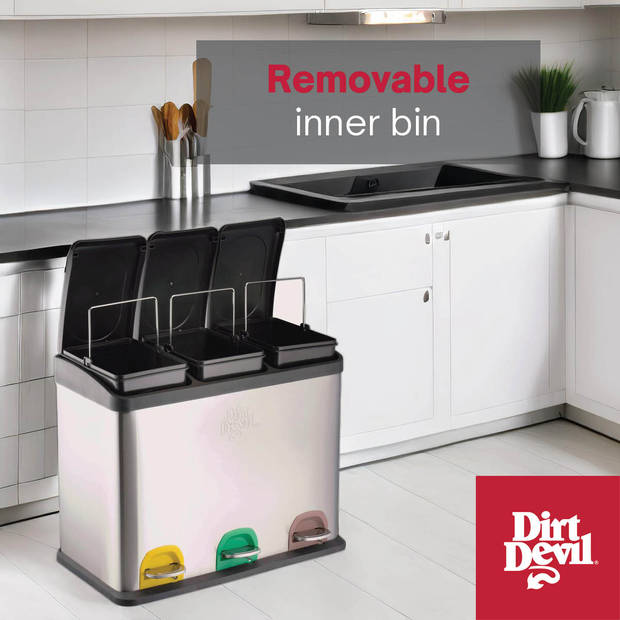 Dirt Devil Pedaalemmer - 3 x 15L - 59 x 30 x 47,5 CM - Soft Close Deksel - RVS