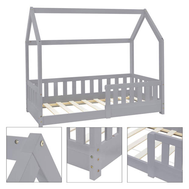 Kinderbed met uitvalbeveiliging lattenbodem en dak 70x140 cm Lichtgrijs grenenhout ML-Design