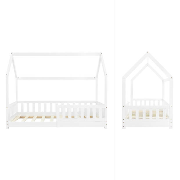 Kinderbed met uitvalbeveiliging lattenbodem en dak 80x160 cm Wit grenen hout ML-Design