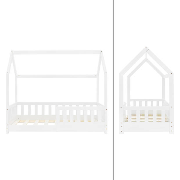 Kinderbed met uitvalbeveiliging lattenbodem en dak 70x140 cm Wit grenen hout ML-Design