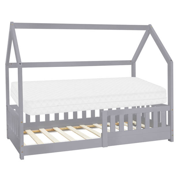 Kinderbed met uitvalbeveiliging lattenbodem en dak 80x160 cm Lichtgrijs grenenhout ML-Design