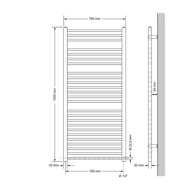 Elektrische badkamerradiator met verwarmingselement 1200W 750x1500 mm antraciet recht met zijaansluiting &