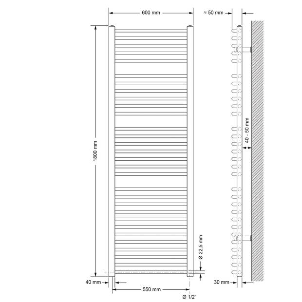 Badkamerradiator Sahara 600 x 1800 mm Chroom gebogen zijaansluiting met verwarmingselement 900W