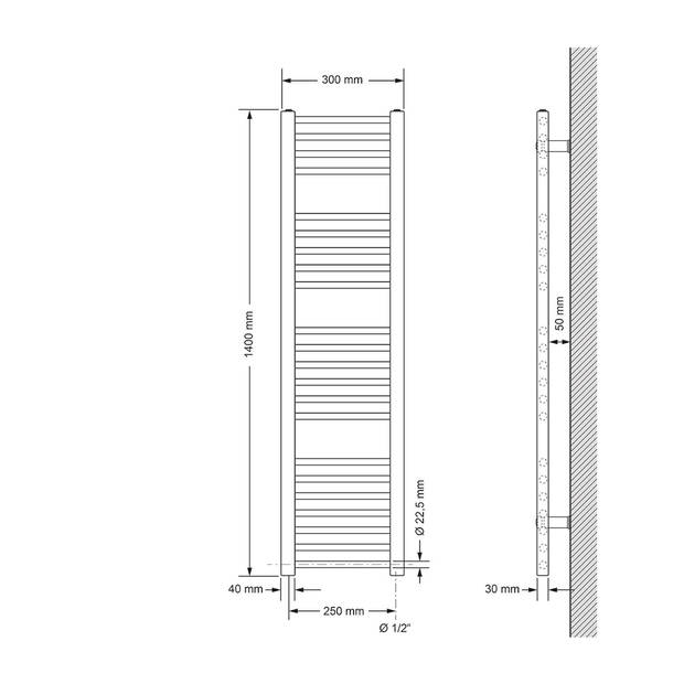 Elektrische badkamerradiator met verwarmingselement 1200W 300x1400 mm wit recht met zijaansluiting LuxeBath