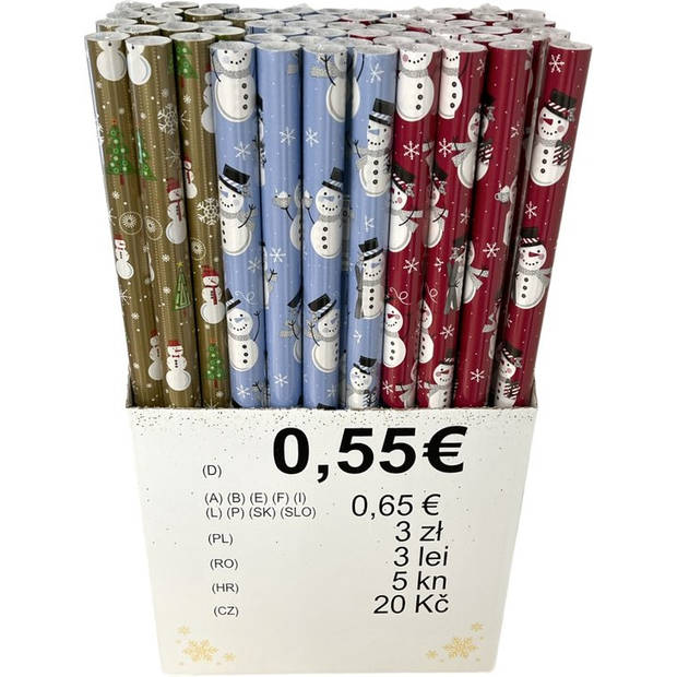 Sneeuwman Assortiment Kerstpapier Inpakpapier Cadeaupapier - 2 meter x 70 cm - 65 Rollen