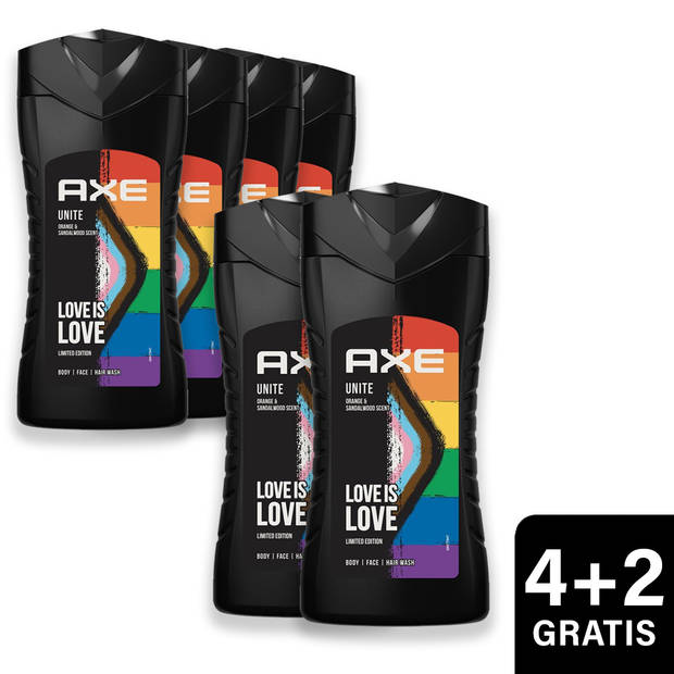 Axe - 3-in-1 Douchegel, Facewash & Shampoo Heren - Unite - 6 x 250 ml - 4 + 2 gratis - Voordeelverpakking
