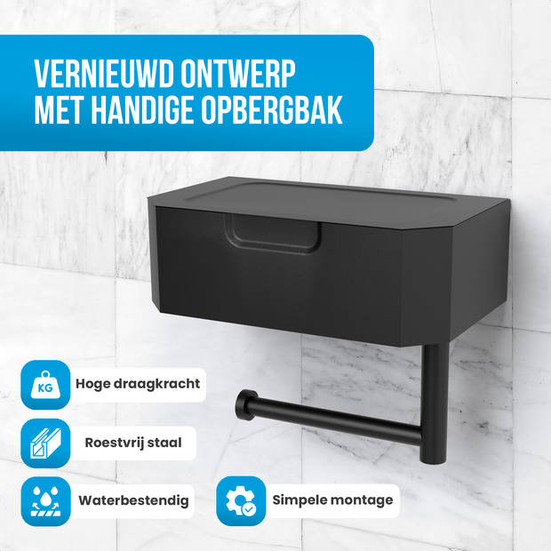 Avalo WC Rolhouder met Bakje & Plankje - Zwart - Zelfklevend / Boren / Zonder Boren - Toiletrolhouder - WC Papier Houder