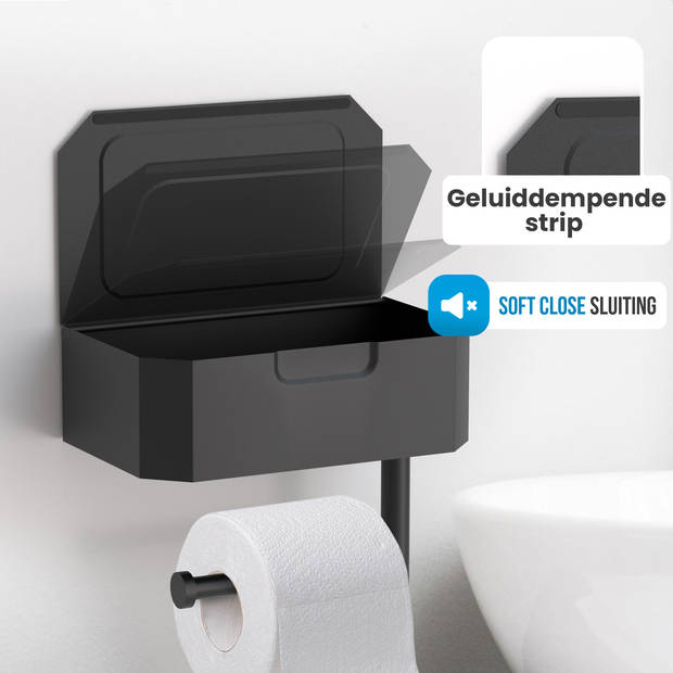 Avalo WC Rolhouder met Bakje & Plankje - Zwart - Zelfklevend / Boren / Zonder Boren - Toiletrolhouder - WC Papier Houder