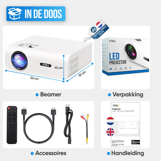 Strex Beamer - 1080P Full HD - 15000 Lumen - Draadloos Streamen - WiFi - Bluetooth - Mini Beamer - Projector