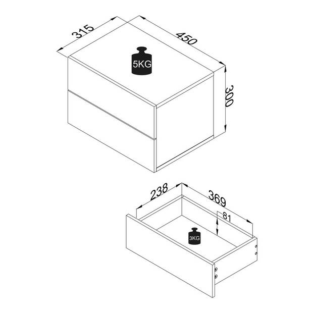 UsalL45 nachtkastje wandmontage 2 laden wit, eik decor.