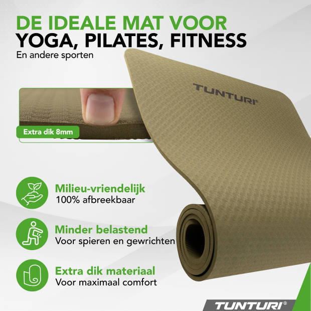 Tunturi Yoga Mat 8mm - Pilates mat - Extra dikke fitness mat - 183x61x0,8 cm - Incl Draagtas - Anti Slip en Eco - Groen