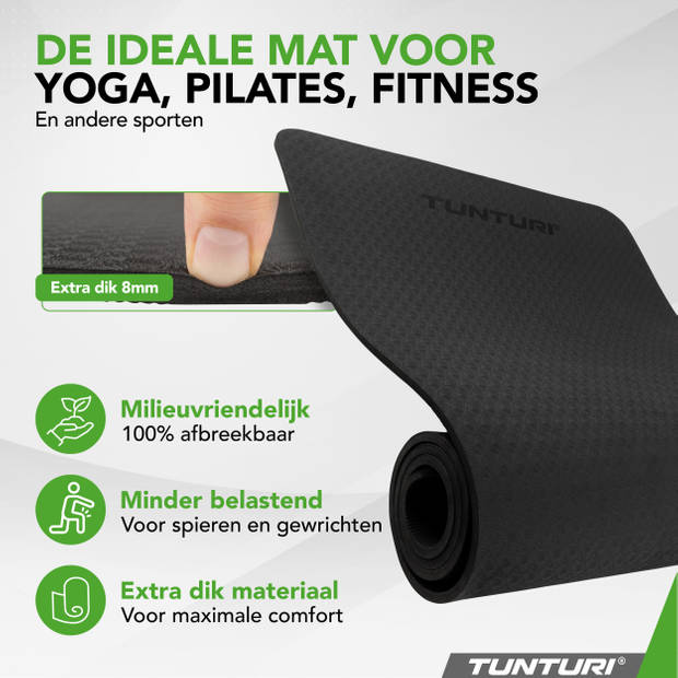 Tunturi Yoga Mat 8mm - Pilates mat - Extra dikke fitness mat - 180x60x0,8 cm - Incl Draagtas - Anti Slip en Eco - Zwart