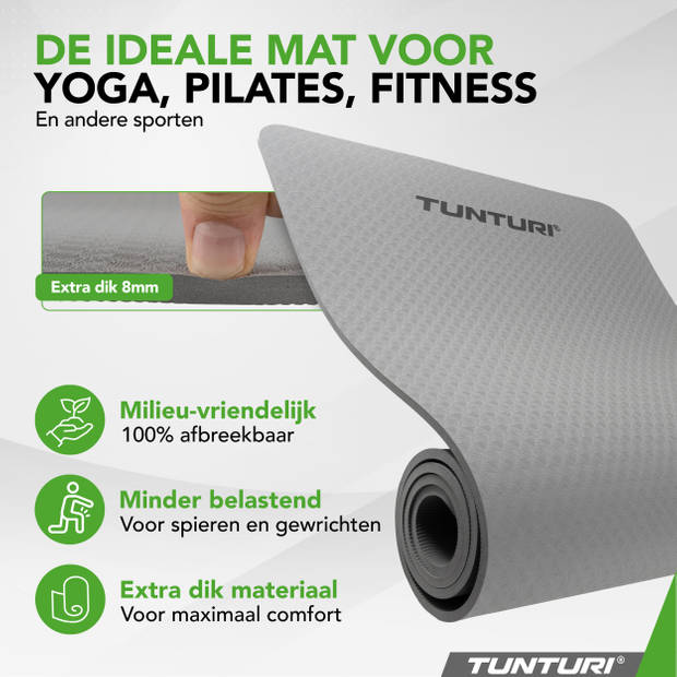 Tunturi Yoga Mat 8mm - Pilates mat- Extra dikke fitness mat - 183x61x0,8 cm - Incl Draagtas - Anti Slip en Eco - Grijs