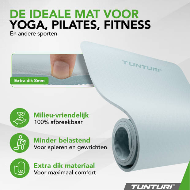 Tunturi Yogamat 8mm - Yogamat - Extra dikke sportmat - 180x60x0,8 cm - Incl Draagtas - Anti Slip en Eco - Licht Blauw