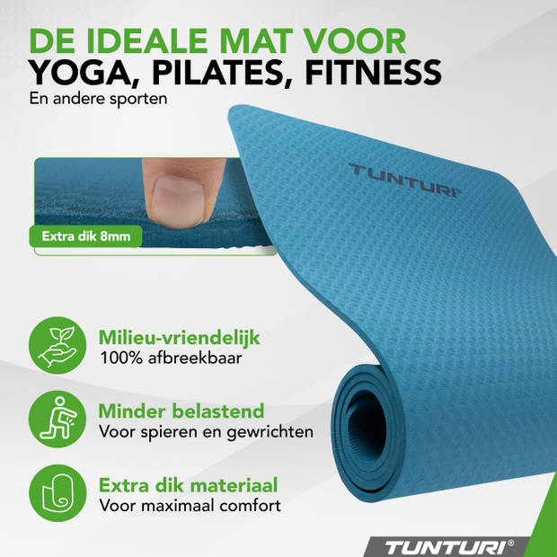 Tunturi Yogamat 8mm - Yogamat - Extra dikke sportmat - 180x60x0,8 cm - Incl Draagtas - Anti Slip en Eco - Petrol Blauw