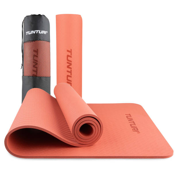 Tunturi Yogamat 8mm - Pilates mat - Extra dikke sportmat - 183x61x0,8 cm - Incl Draagtas - Anti Slip en Eco - Rosé Goud