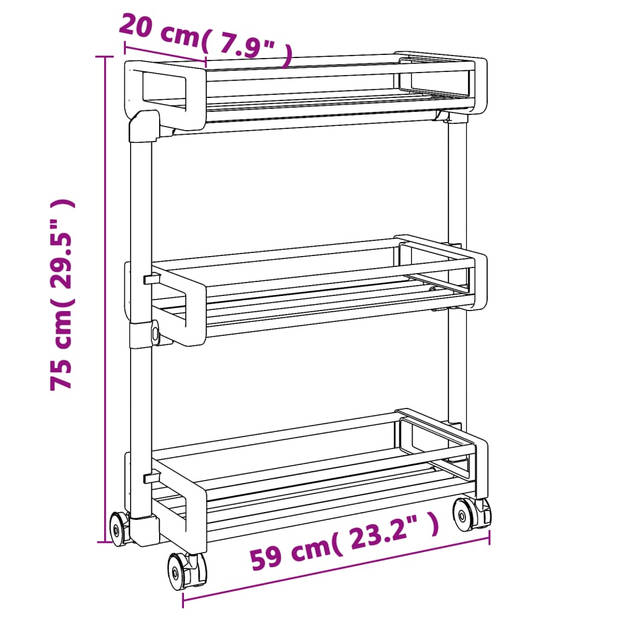 The Living Store Opbergtrolley Aluminium - 59 x 20 x 75 cm - 3 manden - Verstelbare plank - Zilver