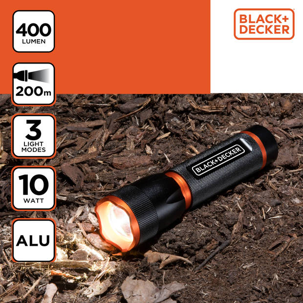 BLACK+DECKER LED Zaklamp 400 Lumen - 200M Bereik - 3 Lichtstanden: Hoog, Laag, Pulserend - Zwart/Oranje