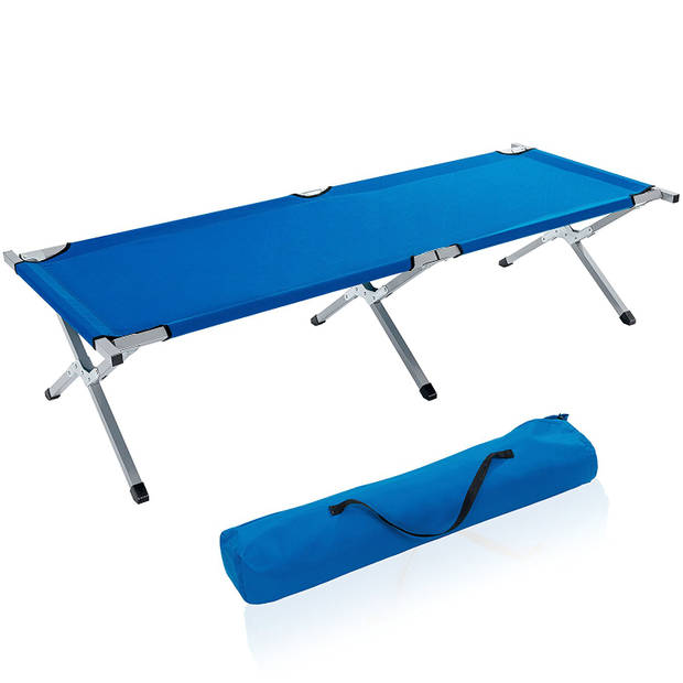 Kampeerbed blauw, campingbed, veldbed, stretcher