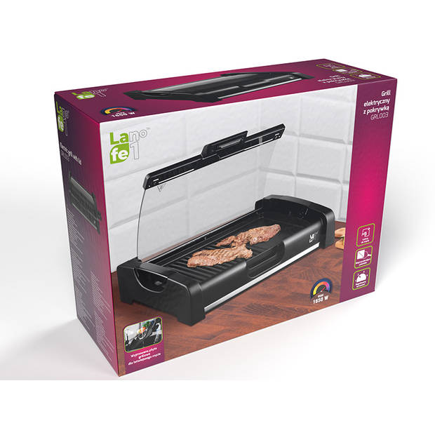 Lafe GRL003 elektrische barbecue grill met glazen deksel en antiaanbaklaag 1650W - tafelgrill grillplaat voor balkon