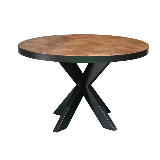 Eettafel rond mangohout visgraat 130cm Avelyn bruin ronde industriële tafel duurzaam mango eetkamertafel