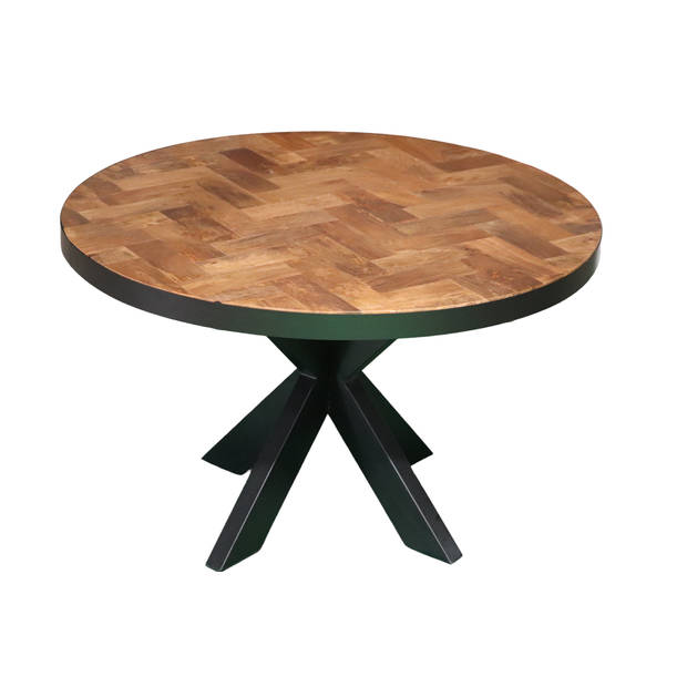 Eettafel rond mangohout visgraat 120cm Avelyn bruin ronde industriële tafel duurzaam mango eetkamertafel