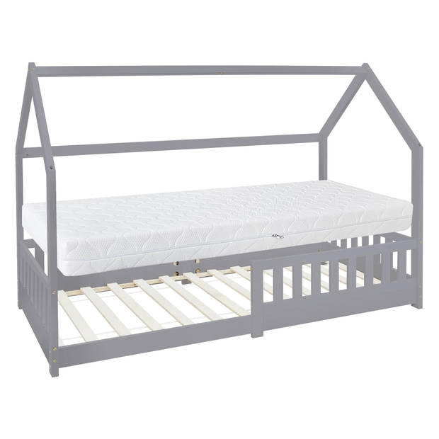 Kinderbed met uitvalbeveiliging lattenbodem en dak 200x90 cm Lichtgrijs grenenhout ML-Design