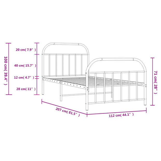 vidaXL Bedframe met hoofd- en voeteneinde metaal wit 107x203 cm