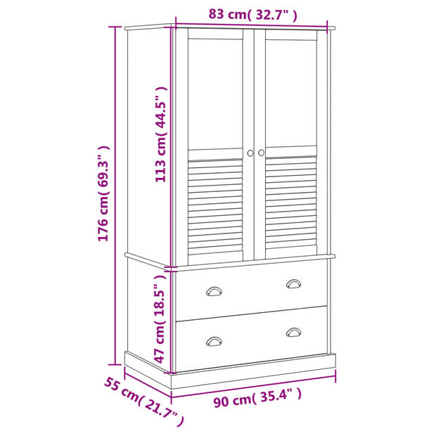 vidaXL Kledingkast VIGO 90x55x176 cm massief grenenhout