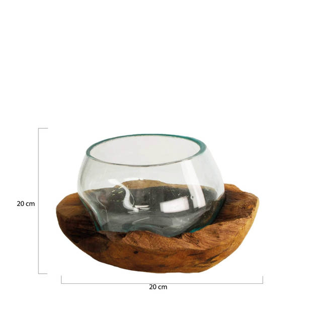 DKNC - Decoratieve schaal Tomar - Glas met hout - 20x20x13 cm - Bruin