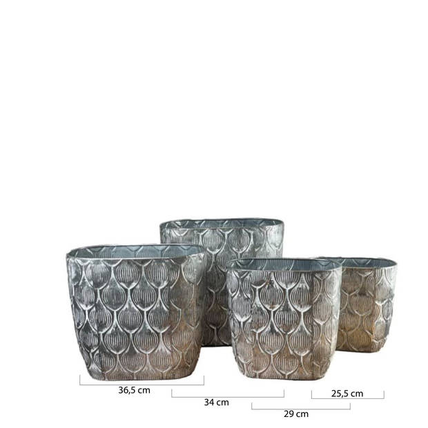 DKNC - Plantenbak ovaal metaal met plastic - 36.5x19x36cm - Set van 4 - Zilver