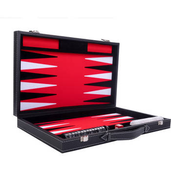 Backgammon Spel - 18 Inch - Zwart, Wit & Rood - Ingelegd Vilt