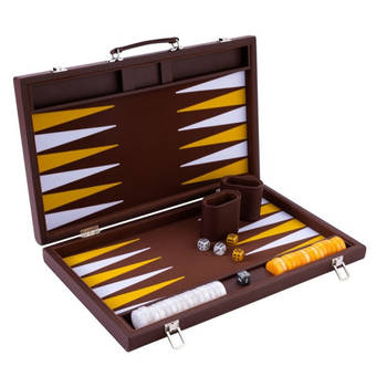 Backgammon Spel - 15 Inch - Bruin, Geel & Wit - Ingelegd