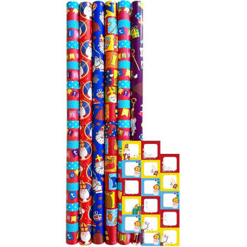 Assortiment sinterklaaspapier cadeaupapier inpakpapier voor Sinterklaas - 3 meter x 70 cm - 12 rollen inclucief labels
