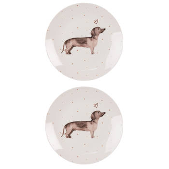 HAES DECO - Ontbijtborden set van 2 - Formaat Ø 20x2 cm - Porselein - Dachshund Love