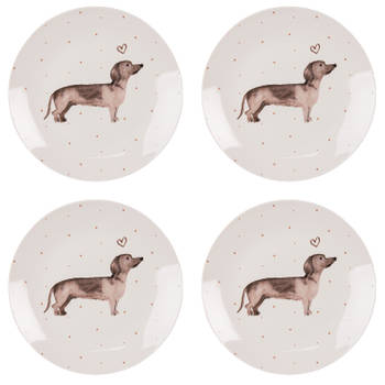 HAES DECO - Ontbijtborden set van 4 - Formaat Ø 20x2 cm - Porselein - Dachshund Love