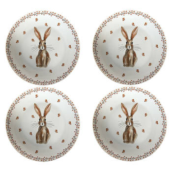 HAES DECO - Ontbijtborden set van 4 - Formaat Ø 20x2 cm - Porselein - Rustic Easter Bunny