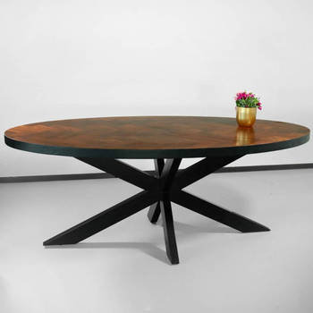 Eettafel ovaal mangohout visgraat 200x100cm Liv bruin ovale industriële tafel duurzaam mango eetkamertafel