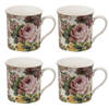 HAES DECO - Mokken set van 4 - 12x8x9 cm / 330 ml - met Bloemen - Pink flowers