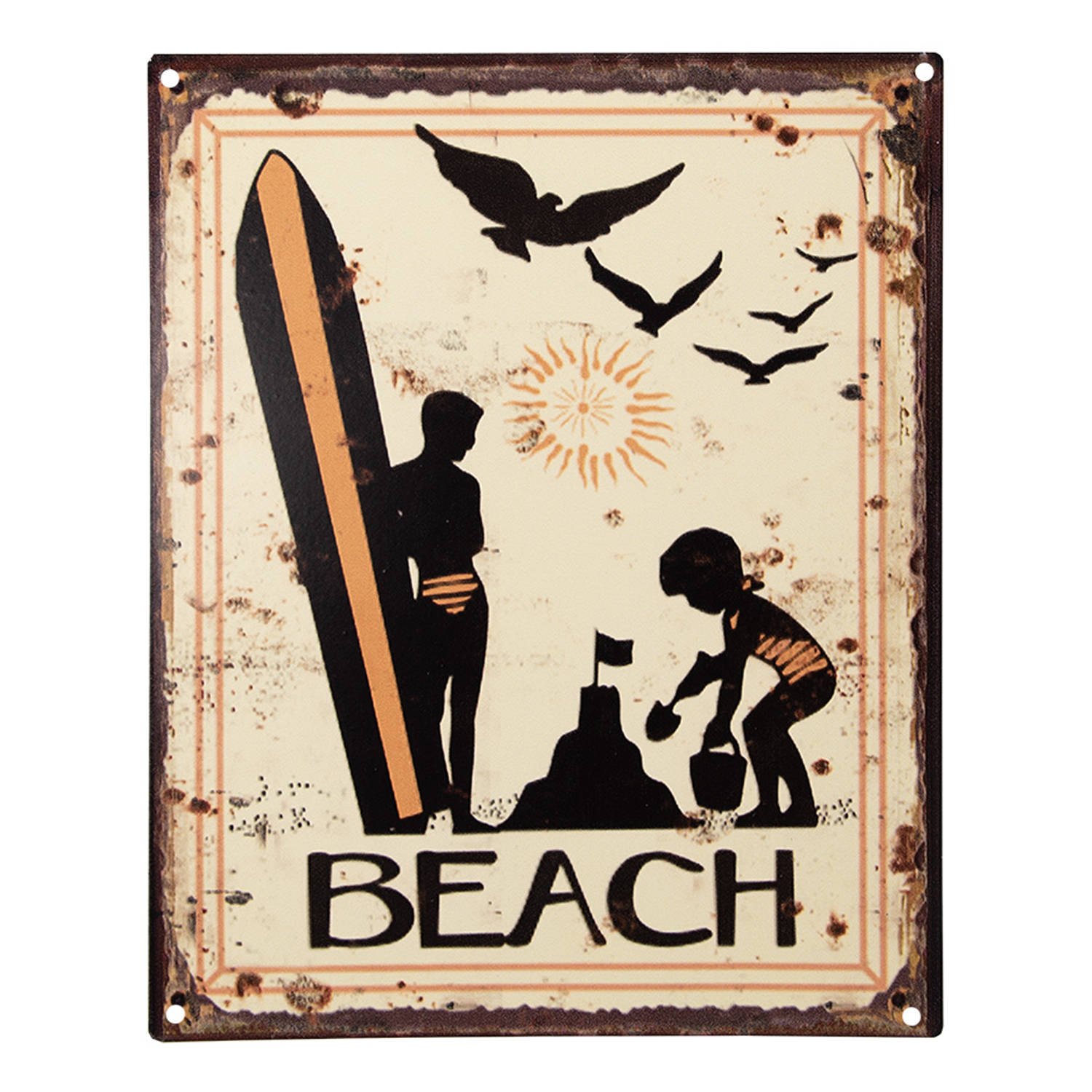 Clayre & Eef Tekstbord 20x25 cm Geel Ijzer Beach Wandbord Geel Wandbord