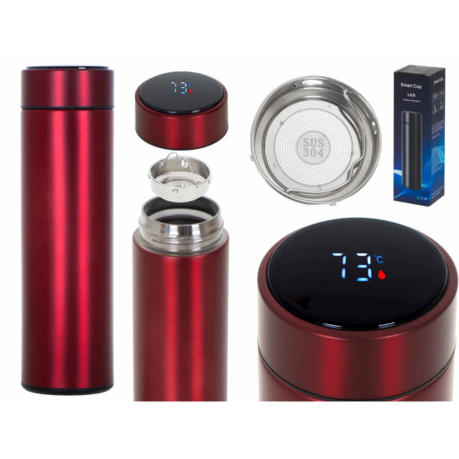 Thermosbeker en met LED graden display en thee / koffie zeef 500 ml rood | Blokker