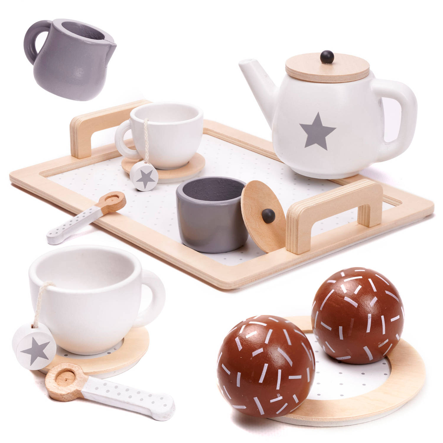 14 delige houten theeservies koffieservies voor kinderen -houten servies set duurzaam